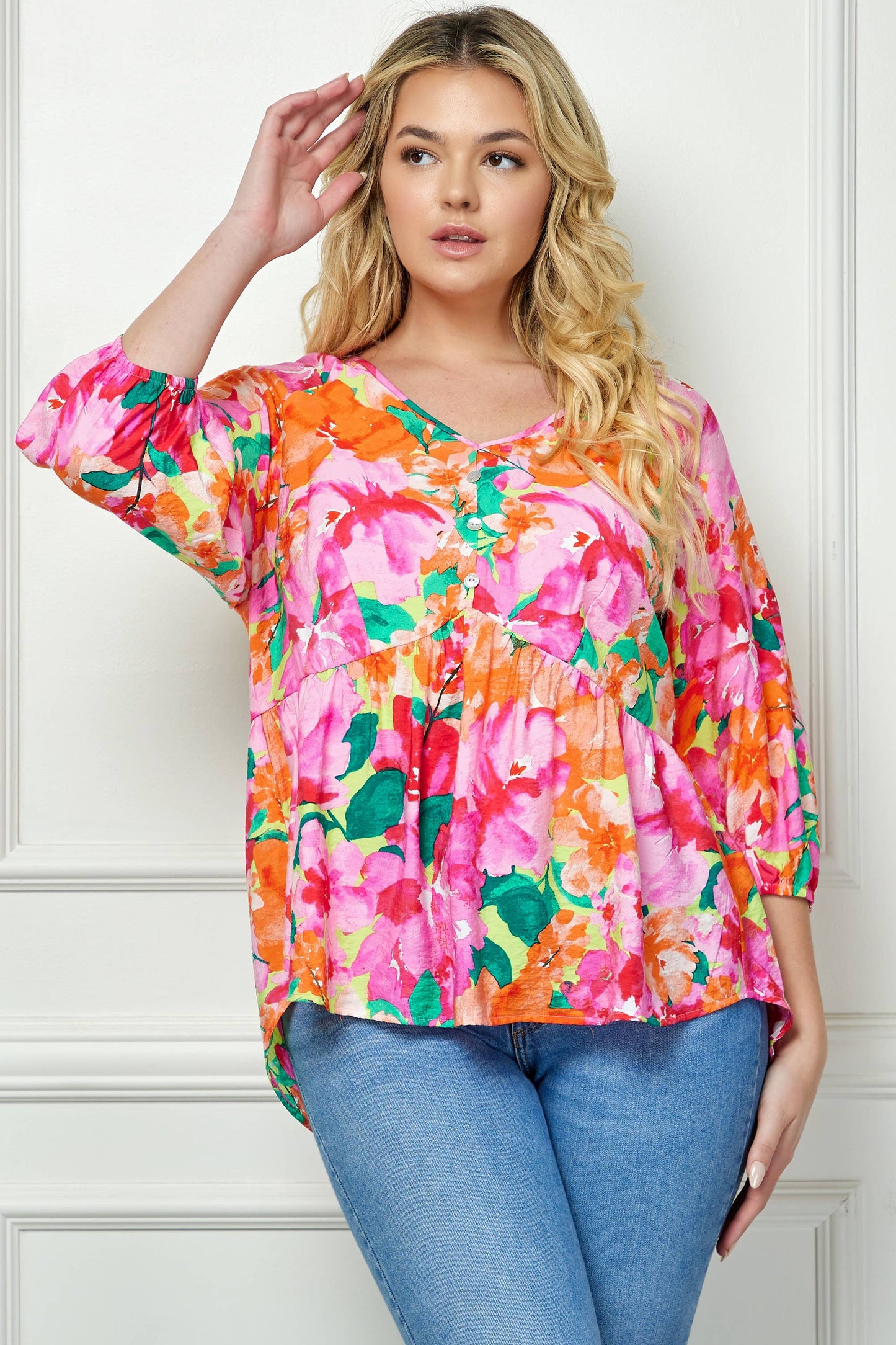 PLUS SIZE BLOOMING SUNSET FLORAL BABYDOLL TOP