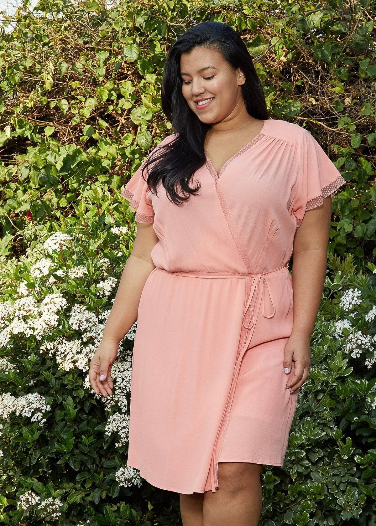Nurode's Plus Size Lace Trim Wrap Dress in Coral