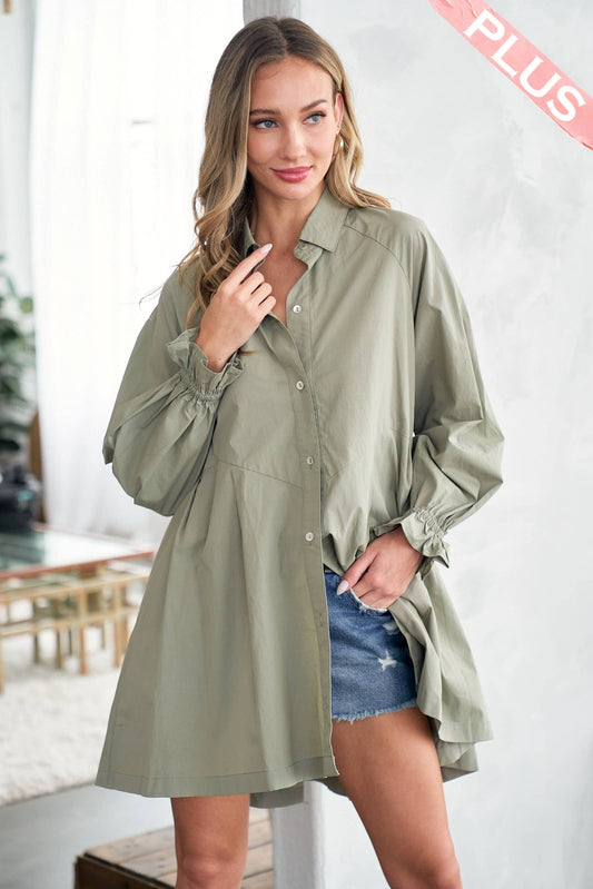 Plus raglan sleeve button shirt dress-PILD10706