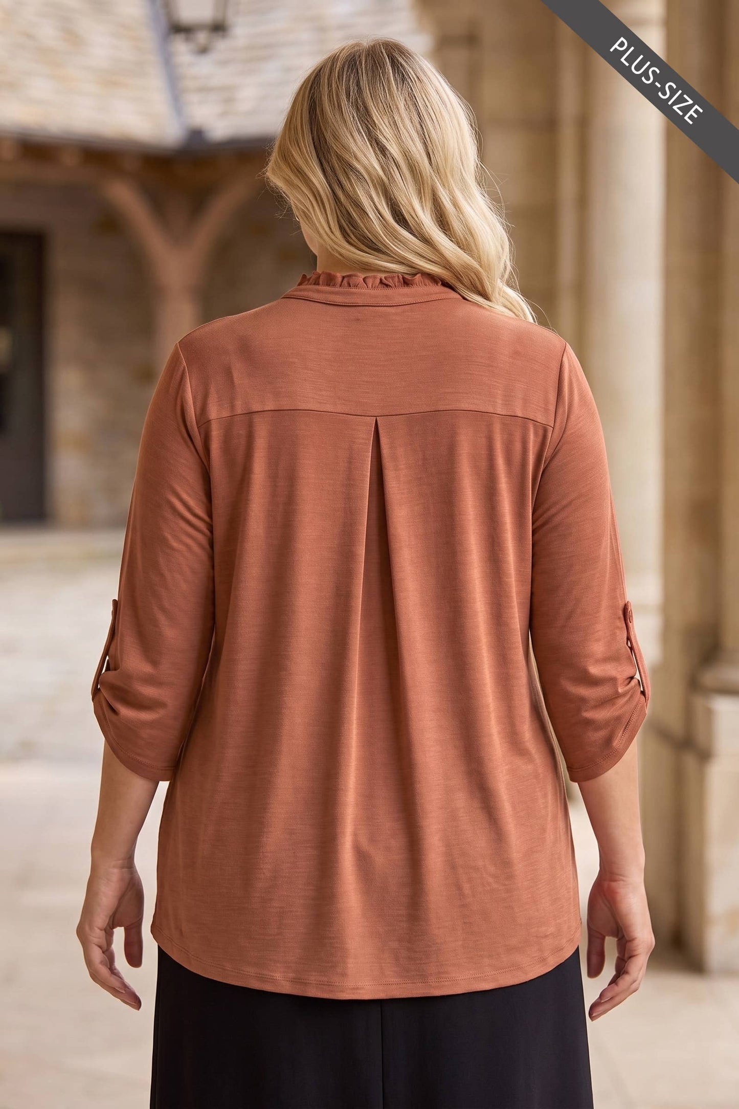 PLUS SIZE Ruffled Collar Lizzy 3/4 Sleeve Lightweight Blouse