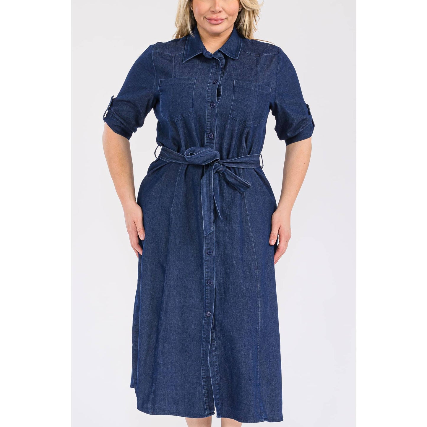 PLUS SIZE DENIM COLLARED BUTTON DOWN TIE WAIST MIDI SHIRT DR