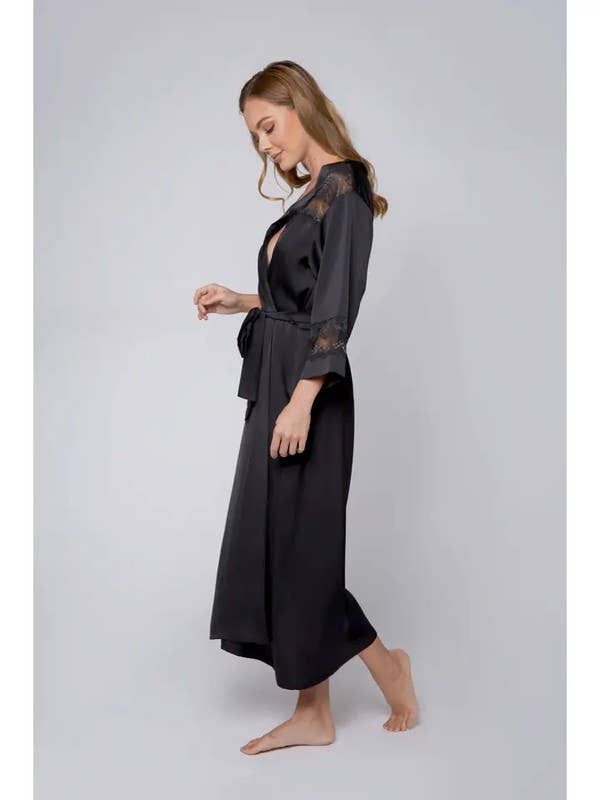 Tess Satin Long Robe with Sparkle Lace