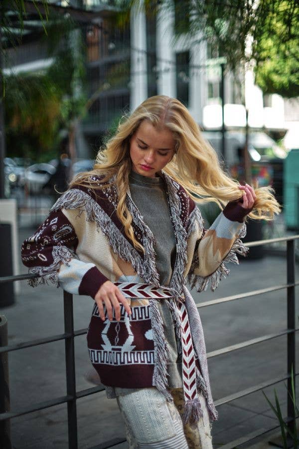 Plus - Fringe Trim Jacquard Belted Cardigan