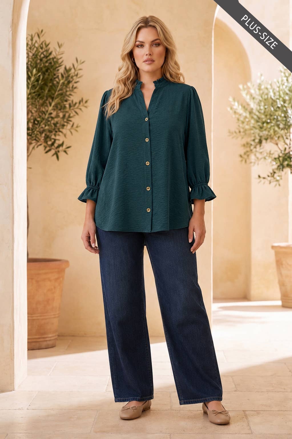 PLUS SIZE Ruffle 3/4 Sleeve Button Down Front Blouse