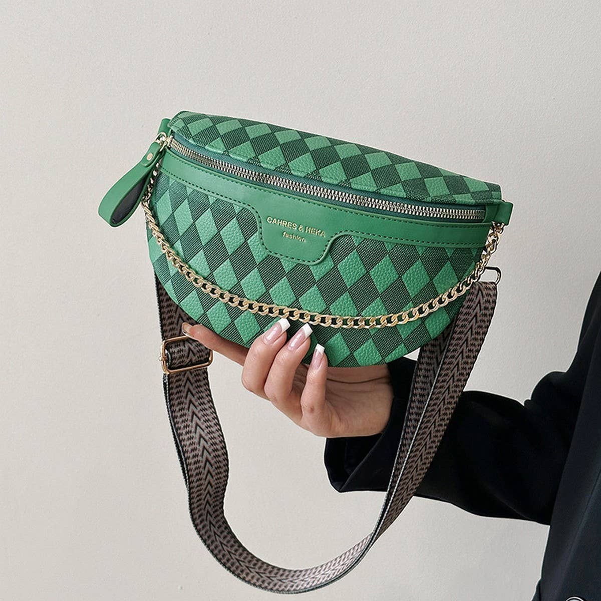 Checkered Chain Strap PU Crossbody Chest Bag_CUAB00597