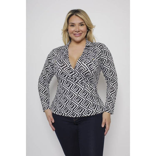 PLUS SIZE GEO PRINT SURPLICE COLLARED LONG SLEEVE TOP