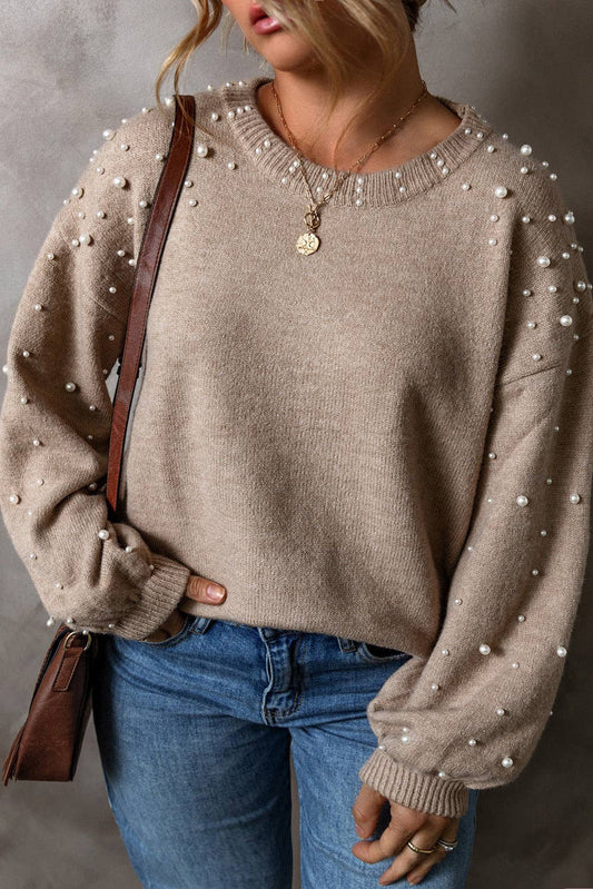 Plus Size Pearl Beaded Drop Shoulder Sweater