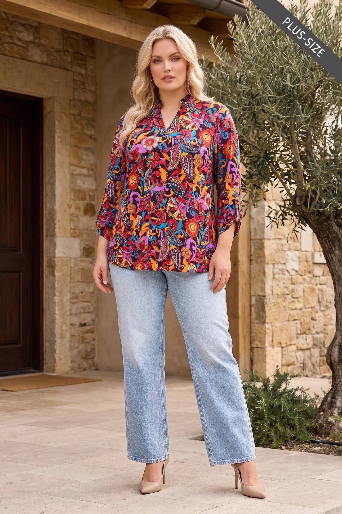 PLUS SIZE Ruffled Collar Lizzy 3/4 Sleeve Lightweight Blous