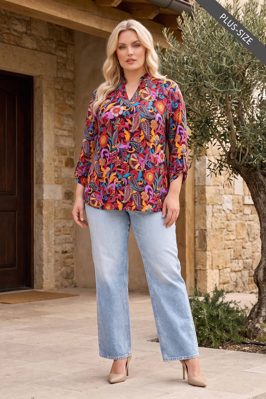 PLUS SIZE Ruffled Collar Lizzy 3/4 Sleeve Lightweight Blous