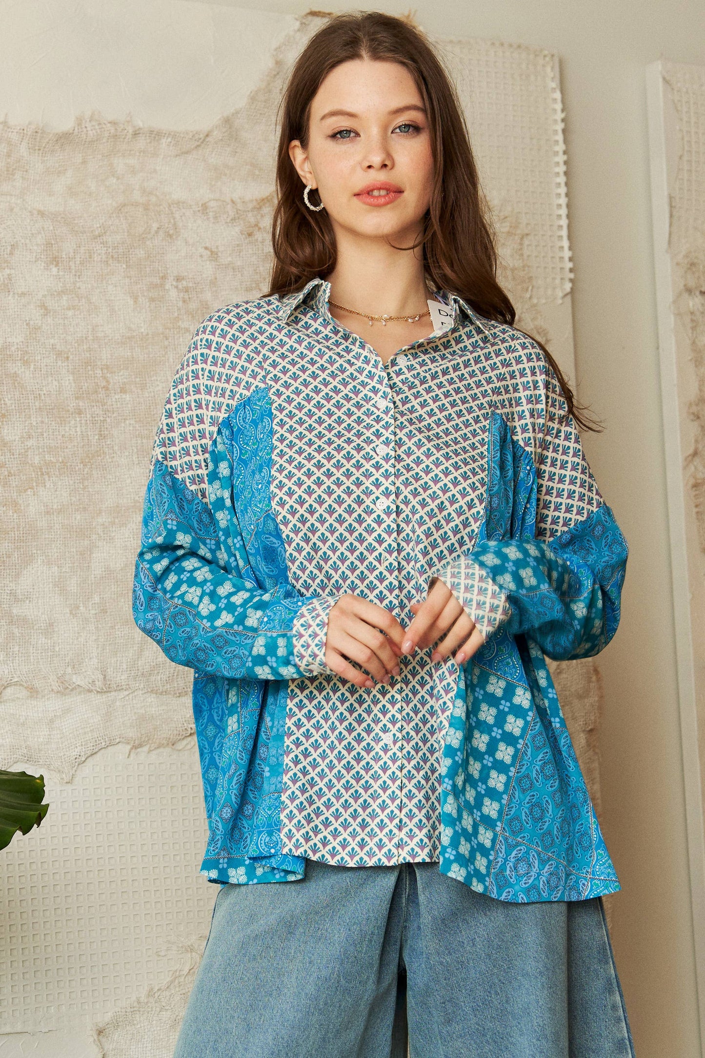 PLUS GEO MIXED BUTTON FRONT SLOUCHY RELAXED TOP