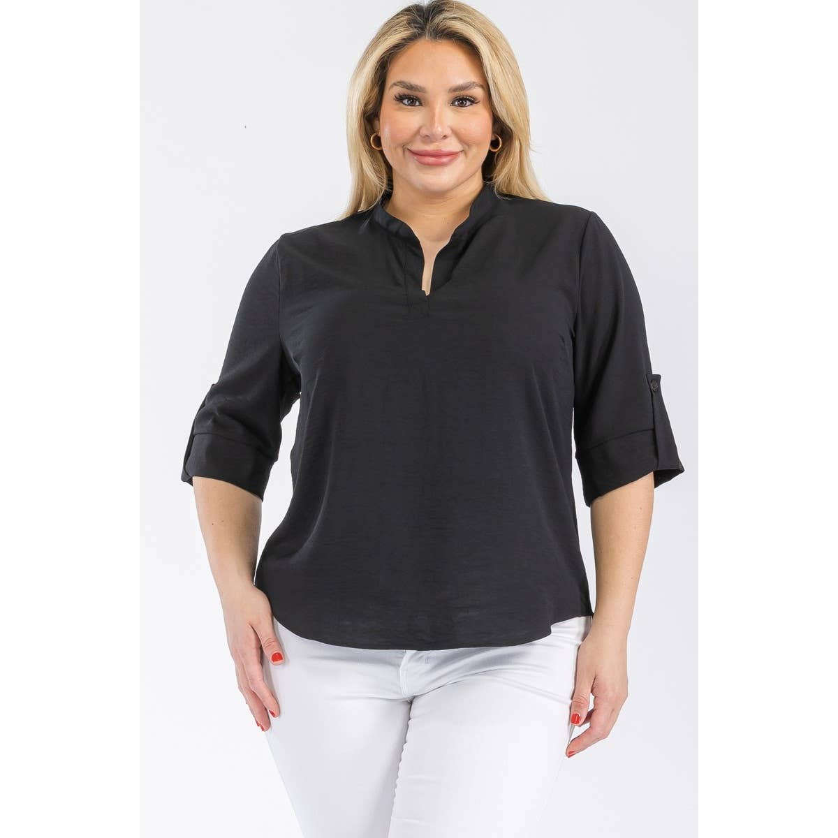 PLUS SIZE SPLIT NECK ROLL UP SLEEVE RELAXED BLOUSE
