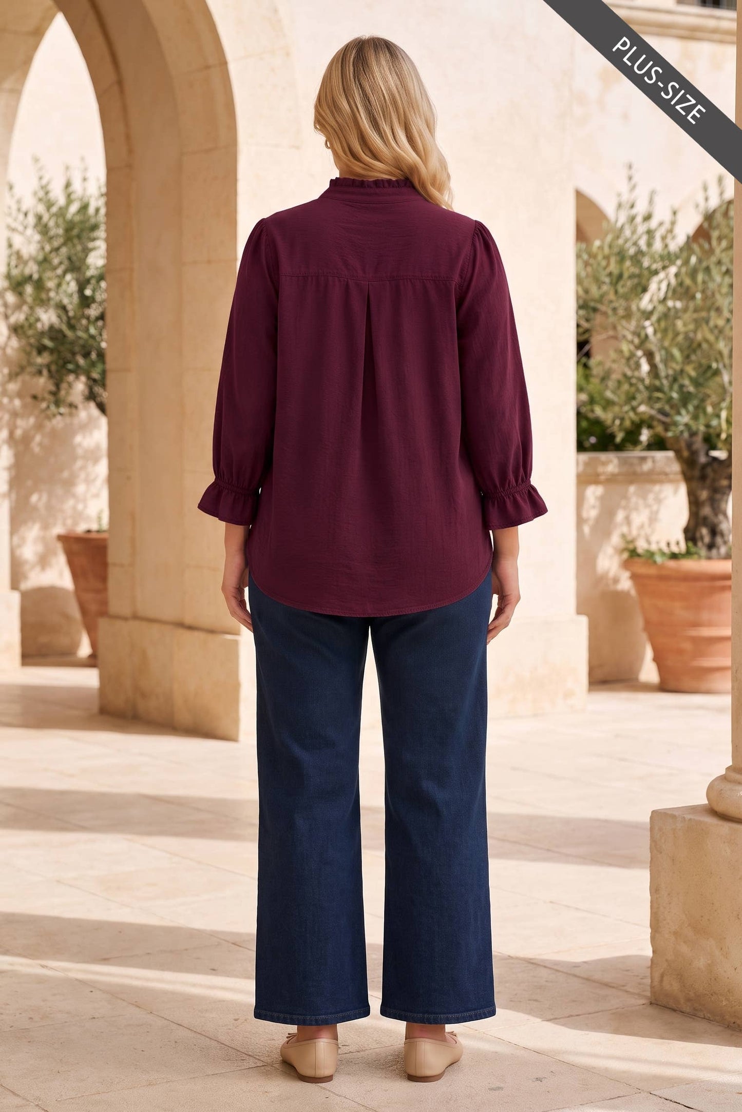 PLUS SIZE Ruffle 3/4 Sleeve Button Down Front Blouse