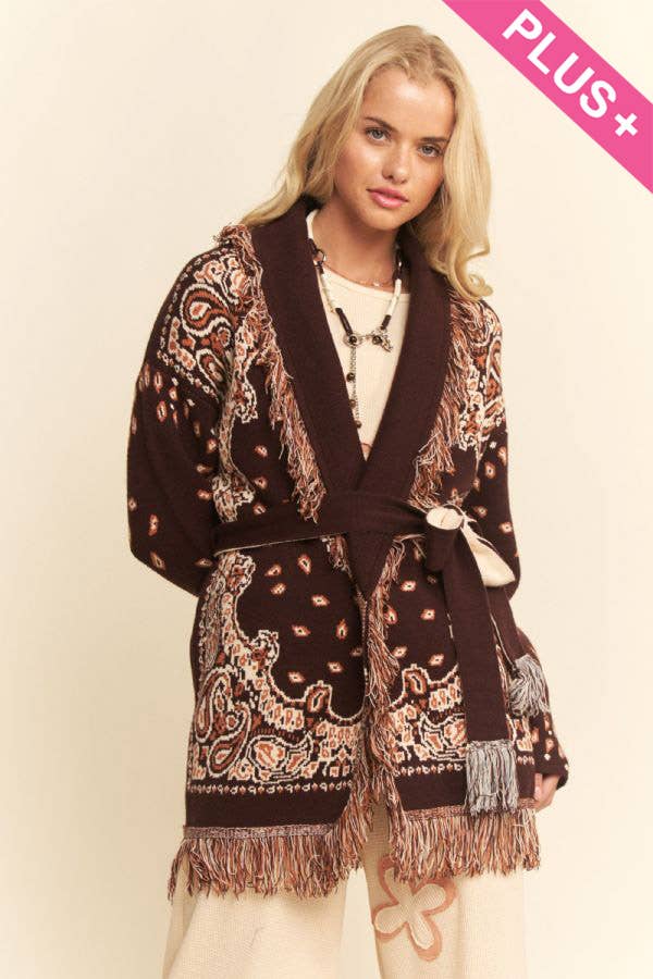 Plus - Fringe Trim Jacquard Belted Cardigan