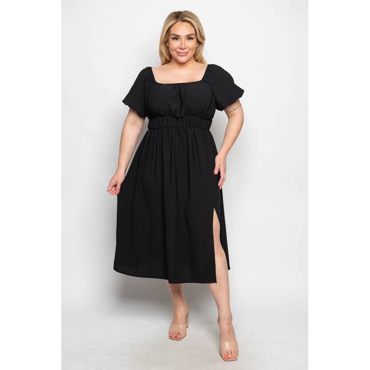 PLUS OFF SHOULDER ELASTIC WAIST SLIT MIDI DRESS