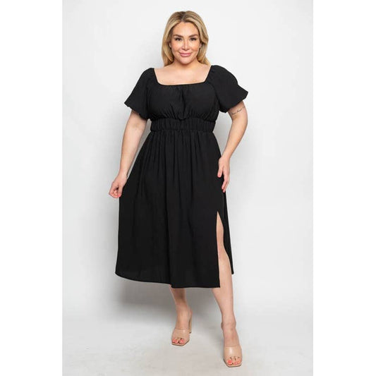PLUS OFF SHOULDER ELASTIC WAIST SLIT MIDI DRESS