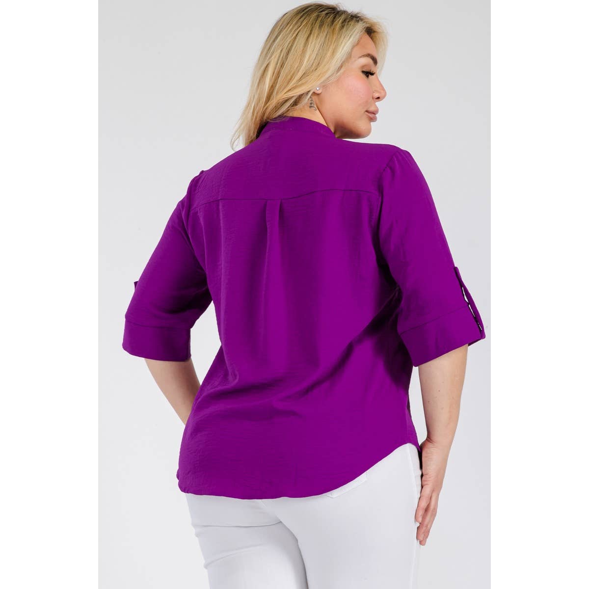 PLUS SIZE SPLIT NECK ROLL UP SLEEVE RELAXED BLOUSE